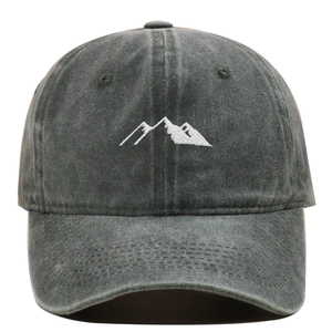 Detailed embroidery of white mountain peaks on a charcoal gray washed cotton baseball cap