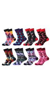 Detailed grid showing vibrant cotton mid-calf socks with red lips and eye patterns