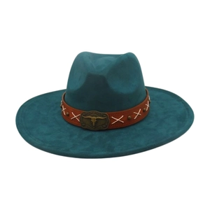 Detail of teal western felt hat featuring a leather band with bull head metal buckle