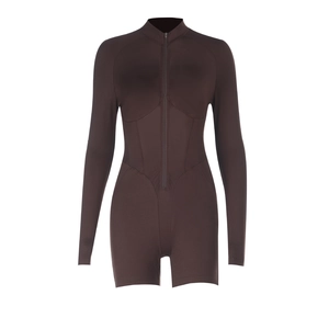 Detail of slim fit dark brown long sleeve romper with front zipper and knitted texture