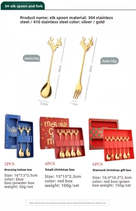 Detail of reindeer themed cutlery set showing 14cm stainless steel spoons and gift boxes