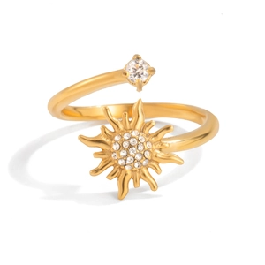 Gold-plated stainless steel sun-shaped open ring with sparkling white cubic zirconia