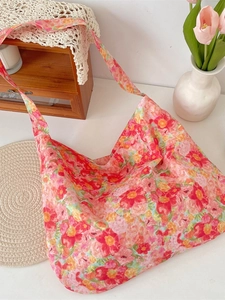 Korean style floral canvas tote bag with vibrant summer flower pattern for women