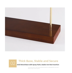Detail of the solid wood base and golden iron rod of the jewelry necklace stand