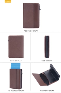 Macro views of coffee textured leather RFID wallet with automatic metal card ejector