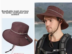 Détail du chapeau de soleil avec œillets d'aération en métal et cordon coupe-vent de 31 cm