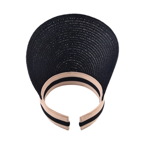 Detail of wide brim straw sun visor hat with striped fabric headband for outdoor beach