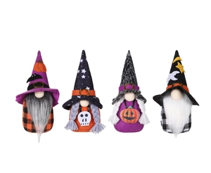 Detail of four Halloween gnomes with wizard hats, pumpkins and spooky themed patterns