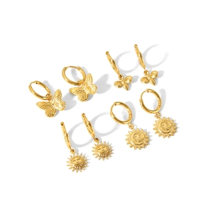 18K gold plated stainless steel hoop earrings set with butterfly, bee and sun charms