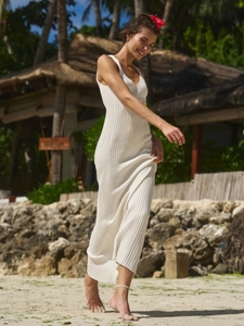 White ribbed knit sleeveless maxi dress in a slim fit for summer beach vacations