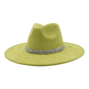 Detailed macro view of vibrant lime green suede fedora with sparkling rhinestone band