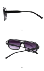 Side and back view of oversized pilot sunglasses with purple gradient lenses and black frames