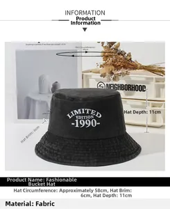 Detailed size guide for dark grey washed cotton bucket hat with 1990 embroidery