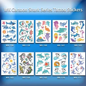 Set of 10 cartoon shark temporary tattoos for kids with colorful ocean animal designs