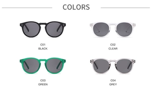 Detailed comparison of vintage sunglasses frames in black, clear, green, and grey colors