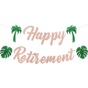 Rose gold glitter Happy Retirement banner with green palm trees for summer party decor