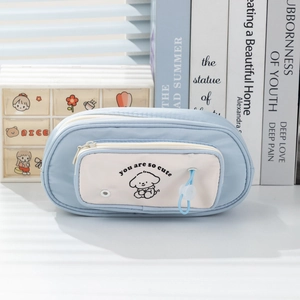 Blue multilayer stationery pencil case with cute dog print and front zipper pocket