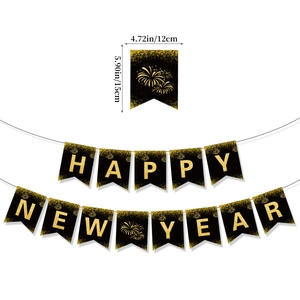 Black and gold Happy New Year banner with fireworks pattern and size measurements