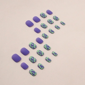Short matte press-on nails in purple and green cow print, 24-piece full manicure set
