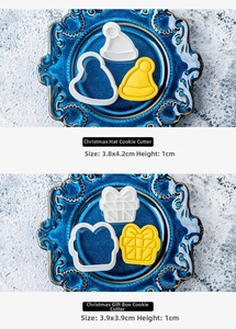 Detail of Christmas hat and gift box cookie cutters with size specs and yellow biscuits