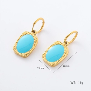 Detailed size view of vintage gold square earrings with sky blue stone, 15mm by 23mm