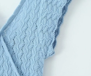 Détail de maille au crochet bleue montrant des motifs floraux évidés et la texture