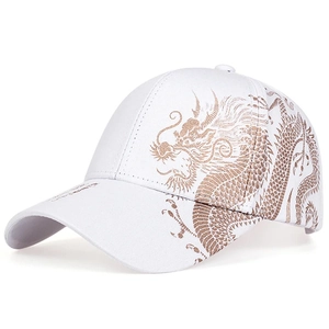 White baseball cap with gold dragon patterns and classic curved brim for hip hop style