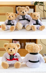 Vue détaillée d'un ours en peluche doux portant un uniforme de Taekwondo blanc et noir.
