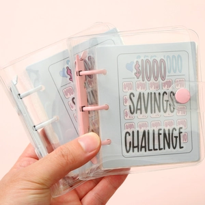 Close-up of clear PVC mini 3-ring binder for 1000 dollar savings challenge