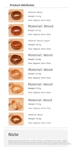 Detailed chart showing weights and dimensions of wooden bangles with metal rivets