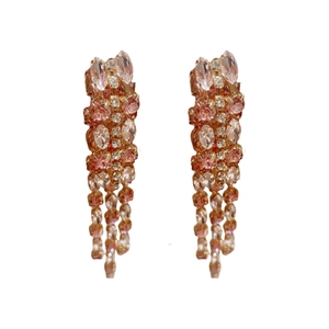 Elegant geometric tassel earrings with pink and champagne crystals in a long luxury drop style