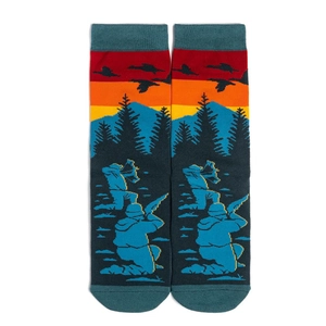 Detailed close-up of crew socks featuring vintage stripes and a knit hunting scene pattern