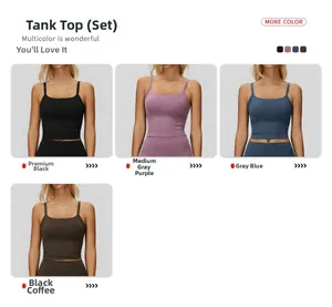 Dettagli di reggiseni sportivi elasticizzati in nero, viola, blu e marrone caffè