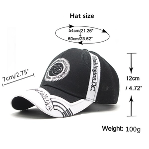 Classic black and white Washington D.C. embroidered baseball cap with size measurements