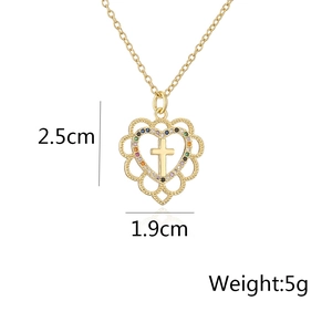 Detail of 18K gold heart cross pendant with colorful zircon stones and size dimensions
