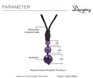 Detail of natural amethyst pendant necklace with 8mm, 12mm and 16mm beads on adjustable cord