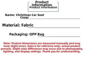 Detailed product specifications and size information for Christmas car seat covers