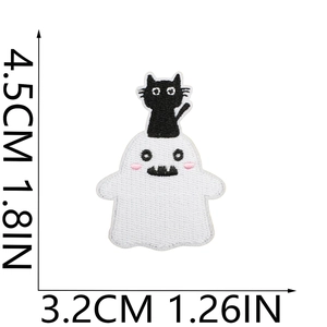 Detailed embroidery patch of a white ghost with a black cat including dimensions in CM and IN