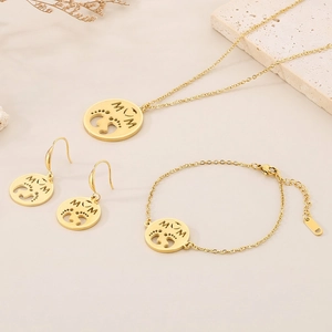 MOM Letter Necklace Bracelet Earrings Stainless Steel Hollow Round Pendant Baby Footprints Mother's Day Gift