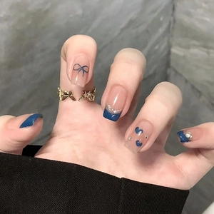 Press On Nails French Blue Bow Heart Square Fake Nails Full Cover Artificial Finger Nails With Glue