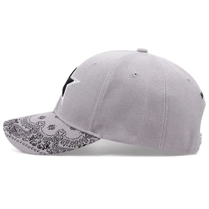 Side view of gray cotton baseball cap with black star embroidery and paisley brim detail