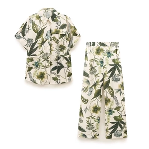 Women Tropical Floral Printed Short Sleeve Button Up Shirt And Wide Leg Pants Polyester Holiday Vacation Outfit