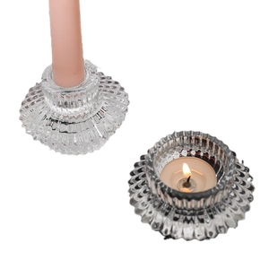 European style glass candle holder with ribbed texture for stick and tealight candles