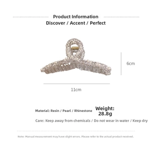 Detailed view of an 11cm pearl and rhinestone shark hair clip with exact measurements