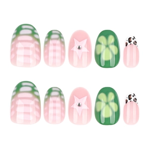 Short round press on nails set with green gradient stripes and floral leopard designs