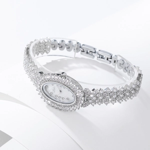 Elegant oval silver ladies watch with sparkling zircon crystals and pearl dial