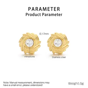 Detailed view of golden stainless steel sunburst earrings with centered crystal rhinestones