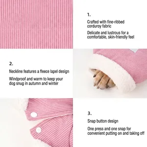 Manteau d'hiver pour chien en velours rose avec col peluche et boutons pression