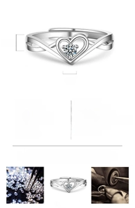 Detail view of adjustable silver-tone heart ring showing 3.5mm width dimensions