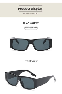 Detail view of rectangular sunglasses showing thick black frames and grey lenses